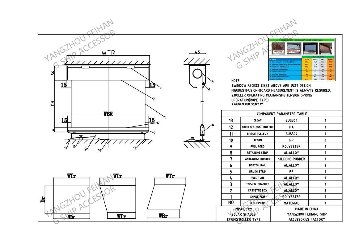 MARINE SOLAR SHADE & ANTI-GLARE SUN SCREEN ROLLER BLIND-YANGZHOU FEIHANG SHIP ACCESSORIES FACTORY
