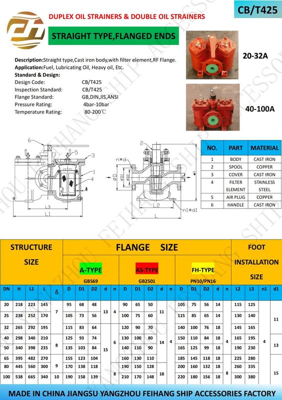 Marine Double Oil Filter And Duplex Low Pressure Oil Filter AS25-0.40/0.22 Cb/T425-94 Cast Iron Body With Filter Elemen