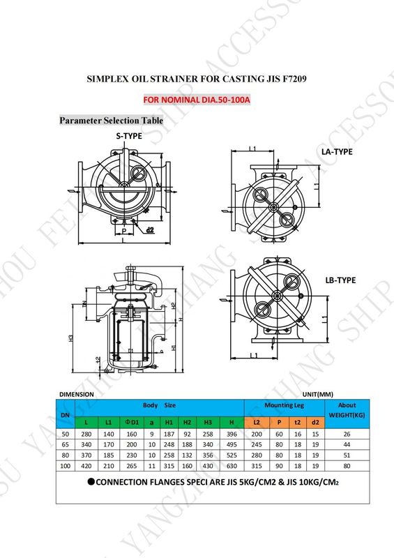 Technical Data For JIS F7209 Simplex Oil Straines & Single Oil Basket Filter Body - Cast Iron And Filter - Stainless Steel