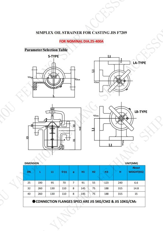 Technical Data For JIS F7209 Simplex Oil Straines & Single Oil Basket Filter Body - Cast Iron And Filter - Stainless Steel